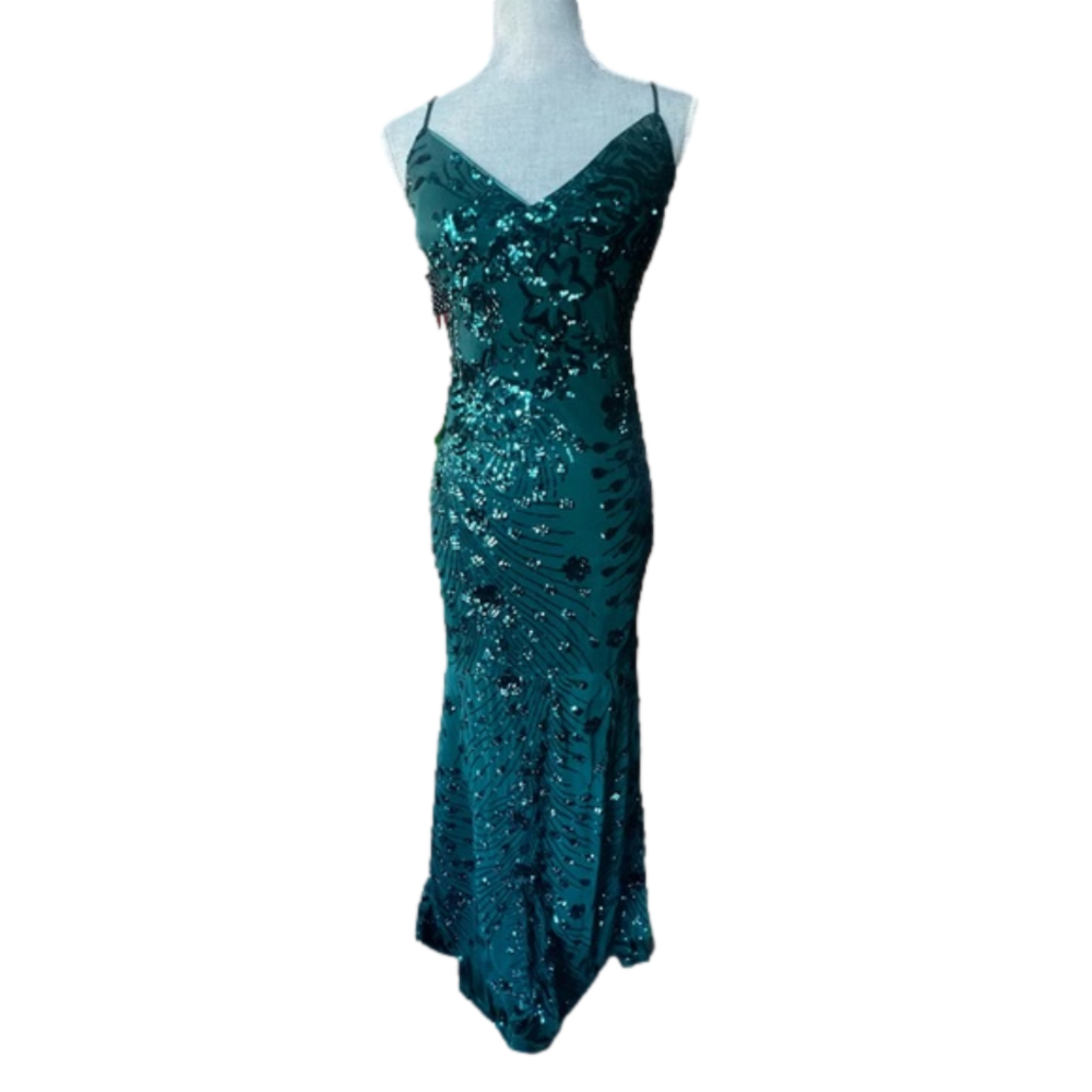 Lulu’s Green Sequin Lace-up Back maxi V neckline prom dress size M